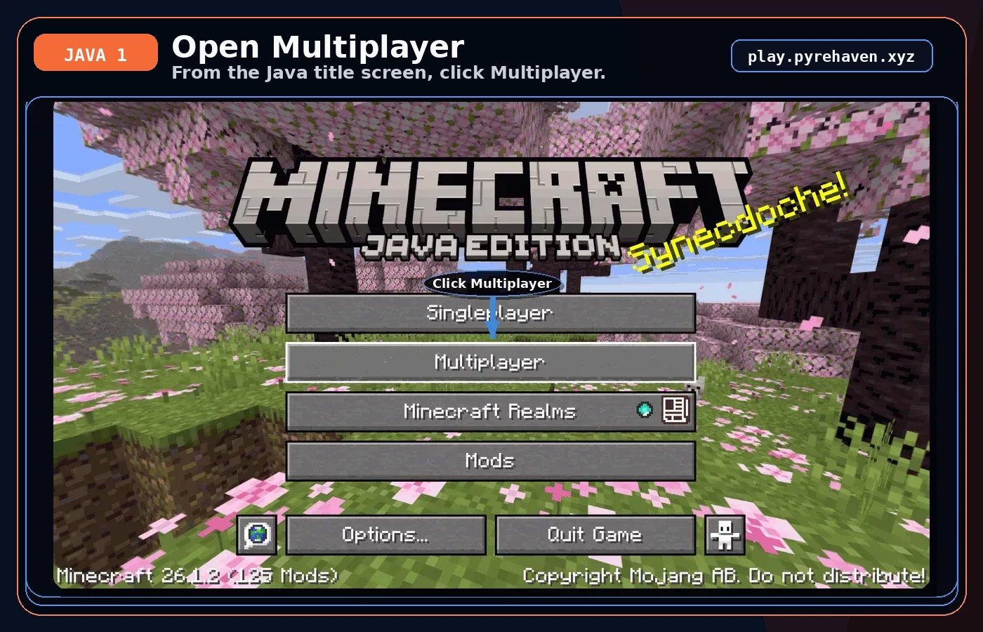 Java guide slide 1 showing the Multiplayer button with an arrow