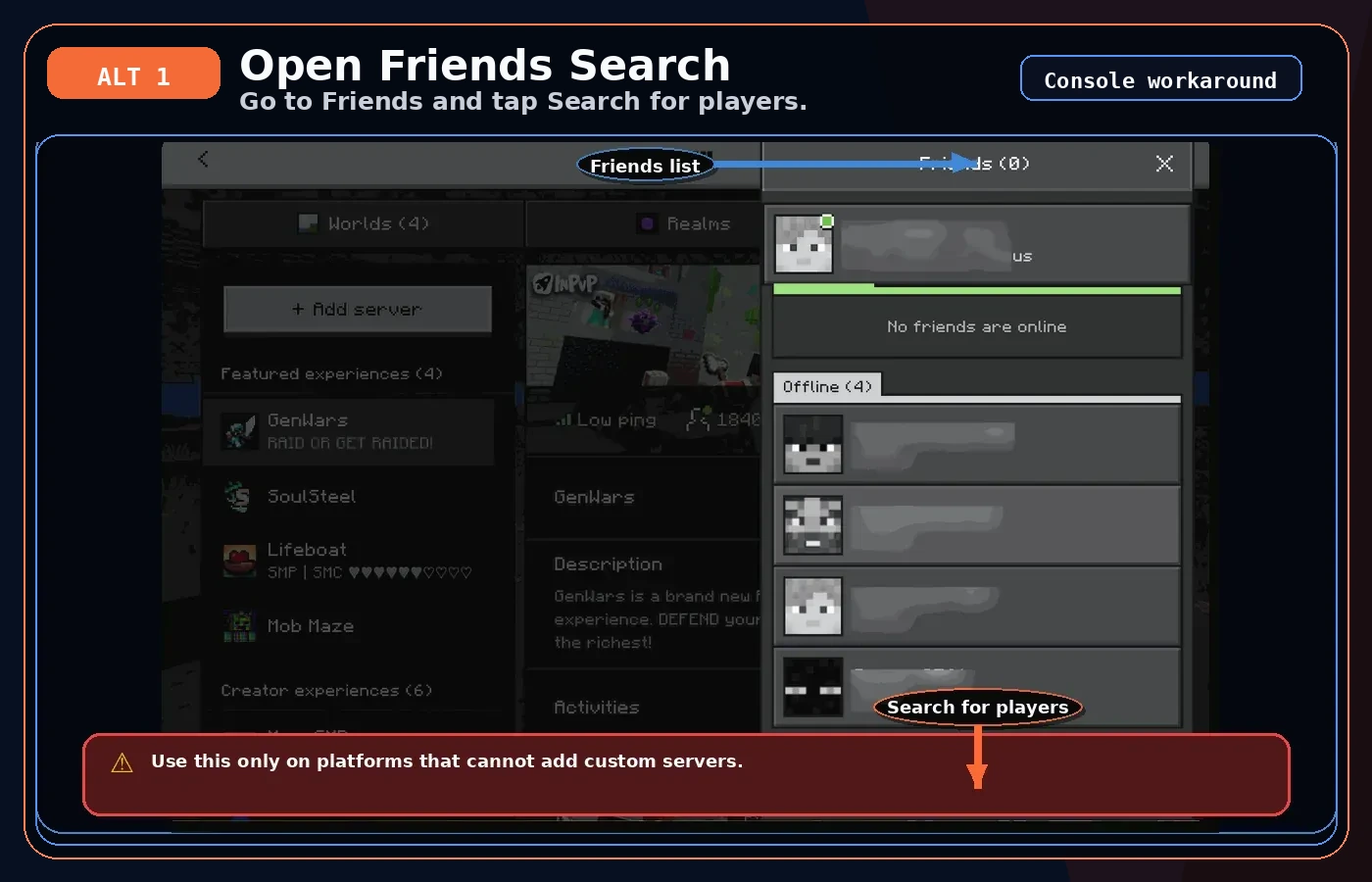 Friends workaround slide 1 showing Search for players with an arrow