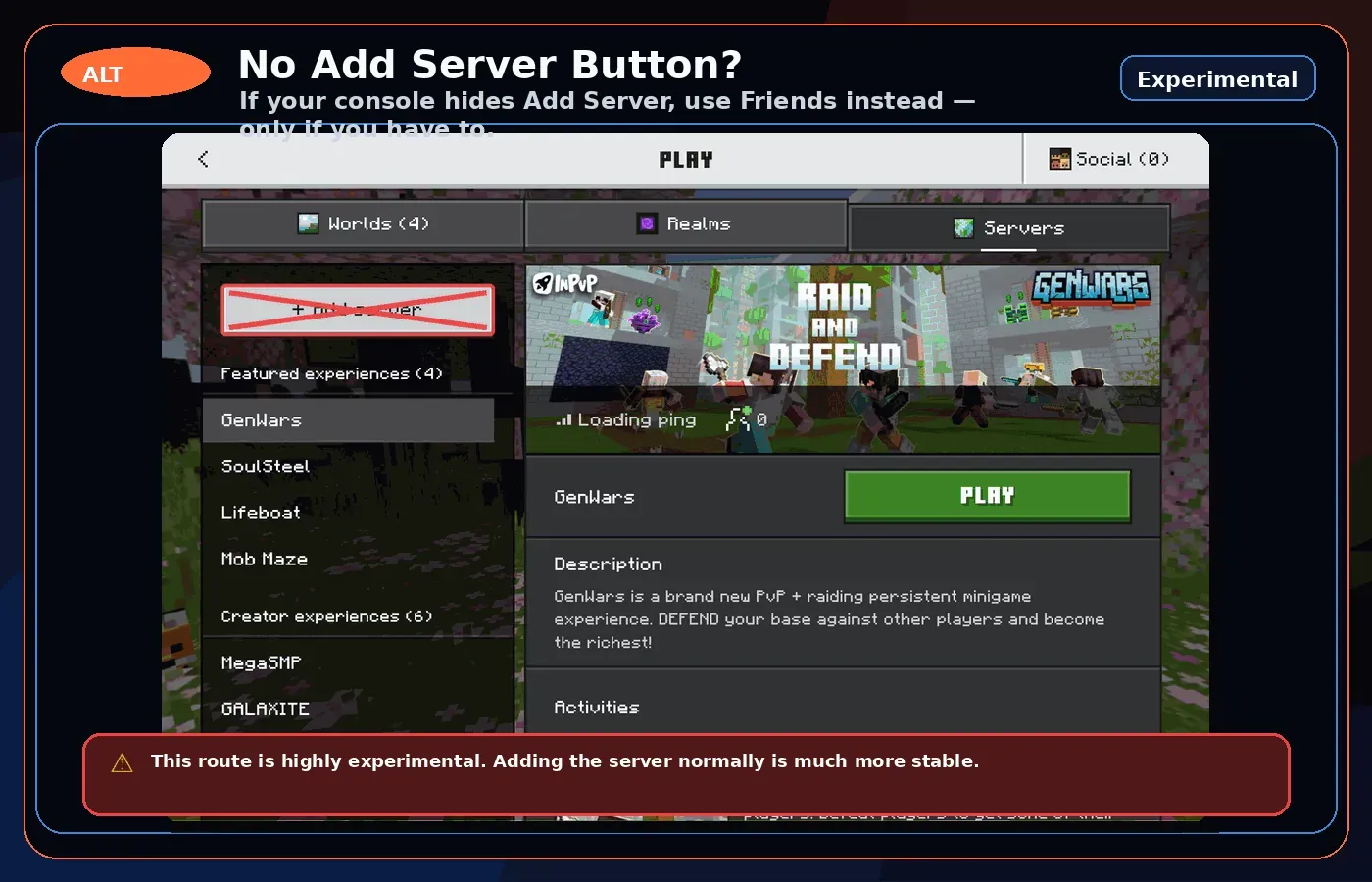 Polished warning image showing the Bedrock Add Server path crossed out and pointing players to the Friends workaround